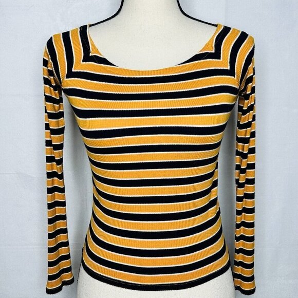 Forever 21 Long-Sleeve Ribbed Shirt Womens Size S Gold Navy Striped Rayon Blend - Picture 1 of 8